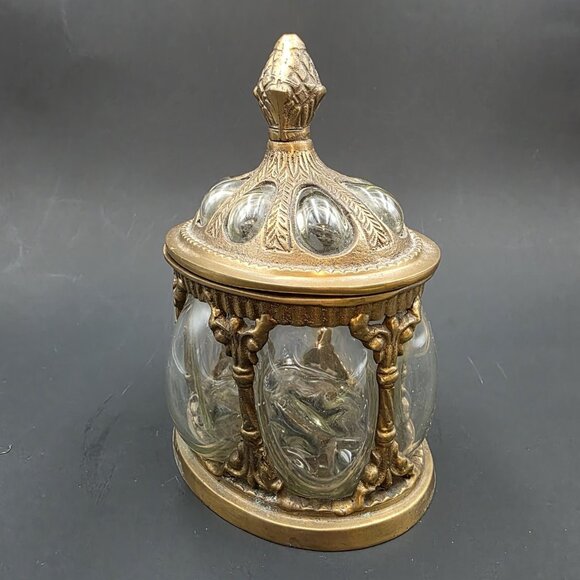 Baroque Brass & Hand Blown Bubble Glass Lidded Dome Caged Apothecary Jar Vintage - Picture 2 of 14